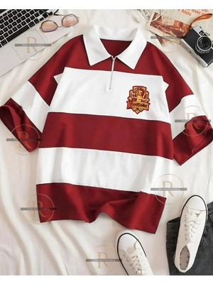 Risil-Nu Company Erkek ve Kadın Yarım Fermuarlı Polo Yaka Oversize T-Shirt - Harry Potter Evleri Tasarımlı