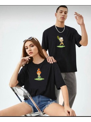 Risil-Nu Company Yeni Sezon Oversize Geniş Kalıp Unisex Bambam-Çakıl Siyah Sevgili Kombini Yazlık T-Shirt
