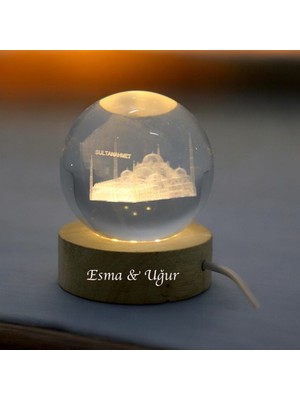 PremiumPort Kişiye Özel Işıklı Ahşap Küre, Kristal Cam, 6cm, Dekoratif ve Şık Tasarım