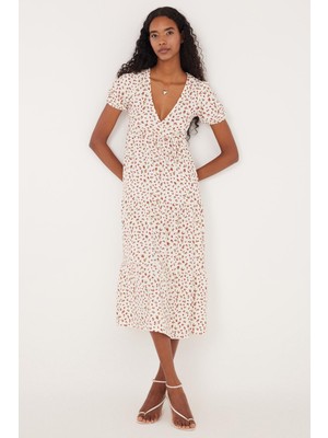 Tudors Kadın Slim Fit Dar Kesim Kısa Kollu Baskılı V Yaka Elbise