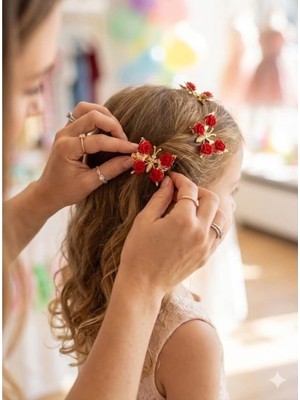 Efna Store Kırmızı Kadife Güllü Hareketli Kelebek Model Gold Renk Flok Kaplama 2 Adet Pens Toka