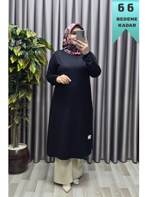 Elmas Tesettür Kadın Giyim Büyük Beden Yırtmaçlı Kolu Lastikli Spor Tek Renk Tunik