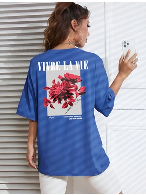 Risil-Nu Company Yeni Sezon Oversize "vivre La Vie" Baskılı Pamuklu Penye Kumaş Lacivert Tişört