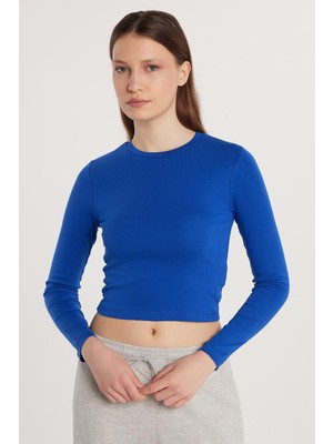 Tudors Kadın Slim Fit Pamuklu Uzun Kol Düz Bisiklet Yaka Mavi Bluz