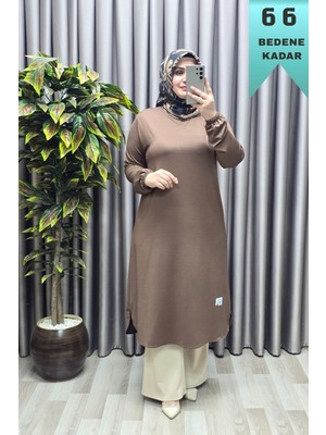 Elmas Tesettür Kadın Giyim Büyük Beden Yırtmaçlı Kolu Lastikli Spor Tek Renk Tunik