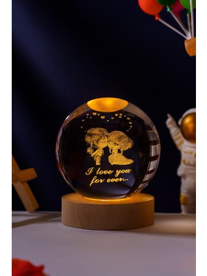 PremiumPort Romantik LED Kristal Küre Lamba, Ahşap Stand, USB Bağlantılı
