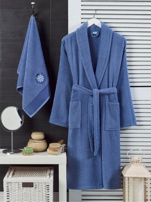 Cottonest Lacivert Havlulu Bornoz 2li Set