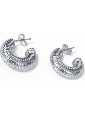 Cesicey Çizgi Desenli Içi Dolu Halka Çelik Küpe Gümüş Renk