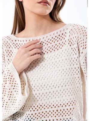 Yuga Knitting Kadın Örme Delikli Ajurlu Basic Yazlık Crop Bluz