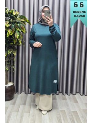 Elmas Tesettür Kadın Giyim Büyük Beden Yırtmaçlı Kolu Lastikli Spor Tek Renk Tunik