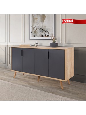 EVMO Home 4516 Sırma Konsol 150 cm ( Ahşap Ayaklı , Metal Kulplu ) , Safir - Antrasit