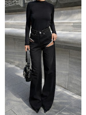 Gamze Alptekin Gümüş Varaklı Palazzo Kot Pantolon Jeans