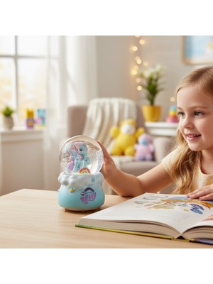 PremiumPort Büyük Boy Unicorn Kar Küresi, Işıklı, Müzikli, Püskürtmeli, Mavi