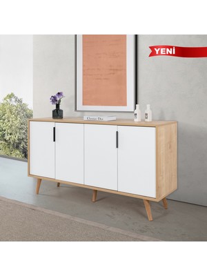 EVMO Home 4515 Sırma Konsol 150 cm ( Ahşap Ayaklı , Metal Kulplu ) , Safir - Beyaz