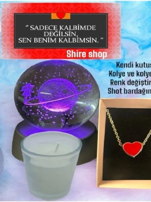 PremiumPort Renkli LED Işıklı Cam Satürn ve Kalp Zirkon Kolye Seti