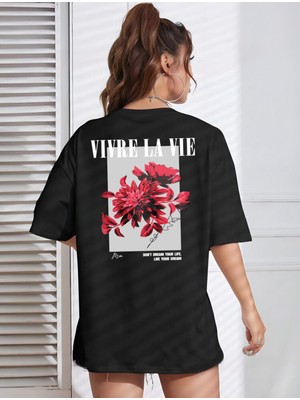 Risil-Nu Company Yeni Sezon Oversize "vivre La Vie" Baskılı Pamuklu Penye Kumaş Siyah Tişört