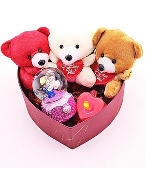 PremiumPort Sevgiliye Mini Ayıcıklar ve Aşıklar Temalı LED Mumlu Hediye Kutusu