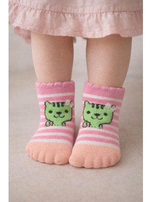Gigi Giyim Kurdeleli Kedi Baskılı Kız Çocuk Patik Çorap