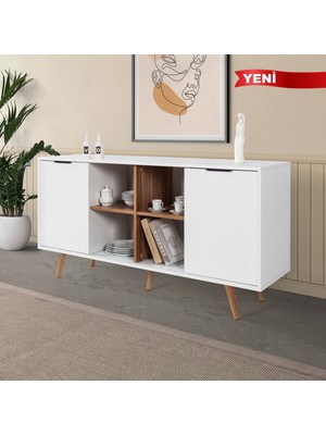 EVMO Home 4618 Sina Konsol 160 cm ( Ahşap Ayaklı , Metal Kulplu ) Beyaz - Söğüt