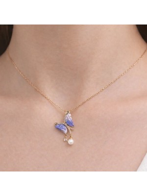 Yağmur Zirkon Taşlı Kelebek Kadın Kolye Sevgililer Gününe Özel Arkadaş Hediye Lila Mor Renk 316 L Çelik Parıltılı Işıltılı Kararmaz Paslanmaz Incili Sallantı Model