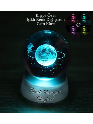 PremiumPort Kişiye Özel 3D Satürn Galaksi Renk Değiştiren Işıklı Kristal Küre Gece Lambası