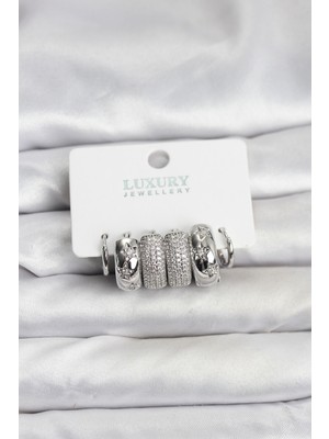 Nuveden Zirkon Taşlı Pirinç Gümüş Renk Halka Kadın Küpe Seti - TJ-BKP11488 DIE-RSTG34