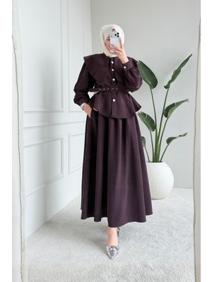 Tesettür Diyarı Parin Tansel Kumaş Kemerli Tesettür Takım- Mürdüm