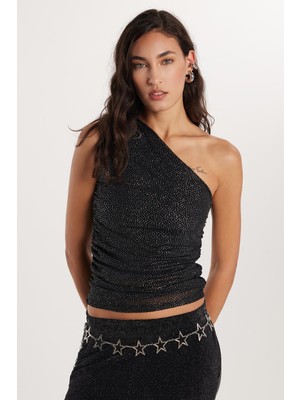 Tudors Kadın Slim Fit Dar Kesim Tek Omuz Askılı Siyah Bluz