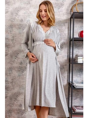 Evrenial Kadın Viskon Hamile Lohusa Dantelli Sabahlık ve Önden Açılan Emzirme Uzun Gecelik Elbise Takım