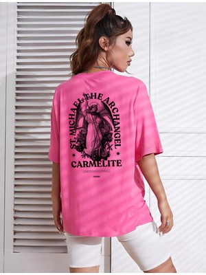 Risil-Nu Company Yeni Sezon Oversize Carlemlıte Baskılı Pamuklu Penye Kumaş Pembe Tişört