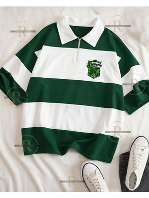 Risil-Nu Company Erkek ve Kadın Yarım Fermuarlı Polo Yaka Oversize T-Shirt - Harry Potter Evleri Tasarımlı