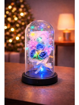 PremiumPort Renkli LED Işıklı Cam Fanus Çiçek ve Ayıcık Dekoratif Obje