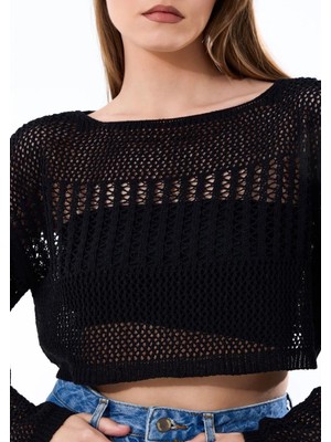 Yuga Knitting Kadın Triko Ajurlu Delikli Günlük Yazlık Crop Kazak Bluz Kayık Yaka