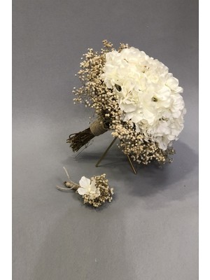 Çiçek Beyaz Ortancalı Cipsolu Gelin Buketi ve Yaka Çiçeği Doğal Görünüm 35 cm