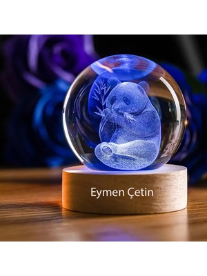 PremiumPort Renkli Işıklı Ahşap Panda Temalı Cam Küre, Isme Özel, 8cm