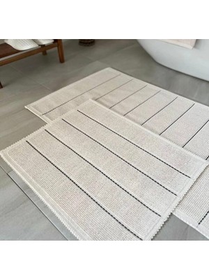 Bluenity Ikili Banyo Paspası 60X100 - 50X60 Ekru Siyah Çizgili