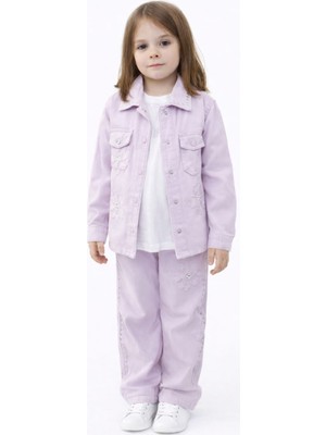 İrem Çocuk Giyim Kız Çocuk Çiçek Desenli Zımba Detaylı Gabardin Ceket Pantolon Tişört Üçlü Lila Renk Bayramlık Takım