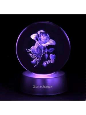 PremiumPort Kişiye Özel LED Işıklı Cam Gülü Küre Dolunay Kristal Top