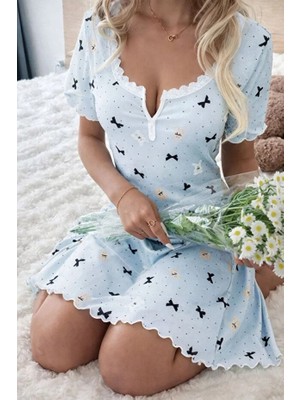 Jermo Kadın Baskılı Penye Dantel Detaylı Gecelık