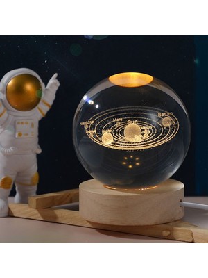 PremiumPort Ahşap Tabanlı LED Işıklı Dekoratif Cam Küre Gezegenler