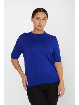 Kazee Kadın Kendinden Dokumalı Amerikan Model Kısa Kol Triko Kazak 30131 Saks