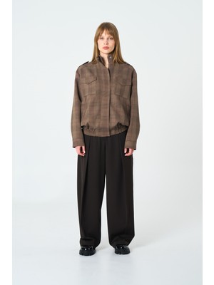 Thalure Kadın Kahverengi Ekoseli Bomber Ceket