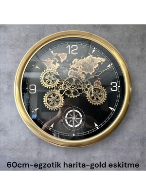 Egzotik Harita Gold Eskitme Duvar Saati 60 cm – Gerçek Çarklı, Sessiz Mekanizma