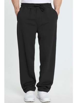 Tudors Erkek Siyah Pamuklu Baggy Fit Rahat Kesim Beli Bağcıklı Yan Cepli Örme Eşofman Altı