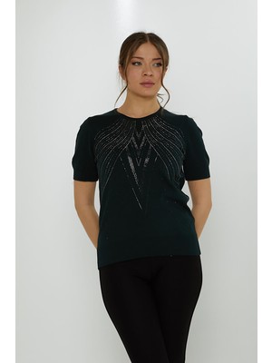 Kazee Kadın Taş Süslemeli Kısa Kollu Triko Kazak 31726 Nefti