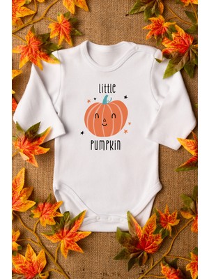 Overoz Little Pumpkin Balkabağı Baskılı Uzun Kollu Beyaz Bebek Body Zıbın 5540