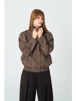 Thalure Kadın Kahverengi Ekoseli Bomber Ceket