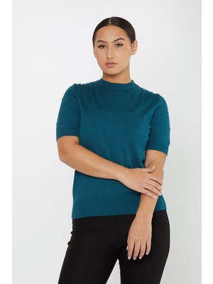 Kazee Kadın Kendinden Dokumalı Amerikan Model Kısa Kol Triko Kazak 30131 Petrol