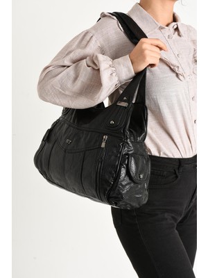 Duomino Yıkama Deri Siyah Çok Bölmeli Çapraz ve Omuz Çantası / Kol Çantası