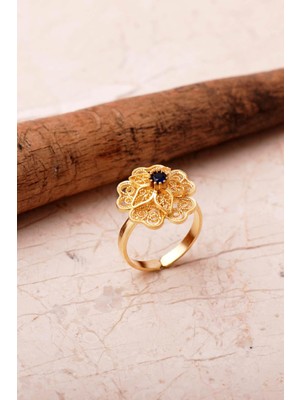 Sümer Telkari Taşlı Telkari Elişi Altın Kaplama 925 Ayar Gümüş Çiçek Yüzük 6000